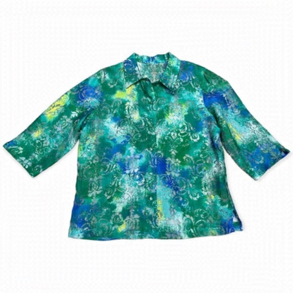 Vintage Green Floral See-Thru Sheer Lace Blouse Button-Up Top - Womens Large